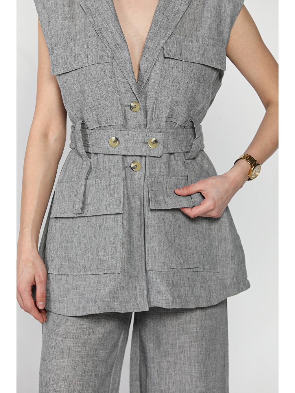 Gri Kadın Bel Kuşaklı Yelek Pantolon İkili Takım-3