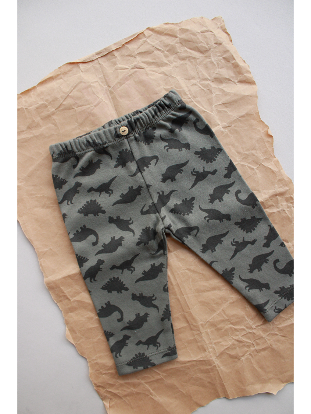 Haki Dinozor Baskılı Bebek Penye Tayt-1