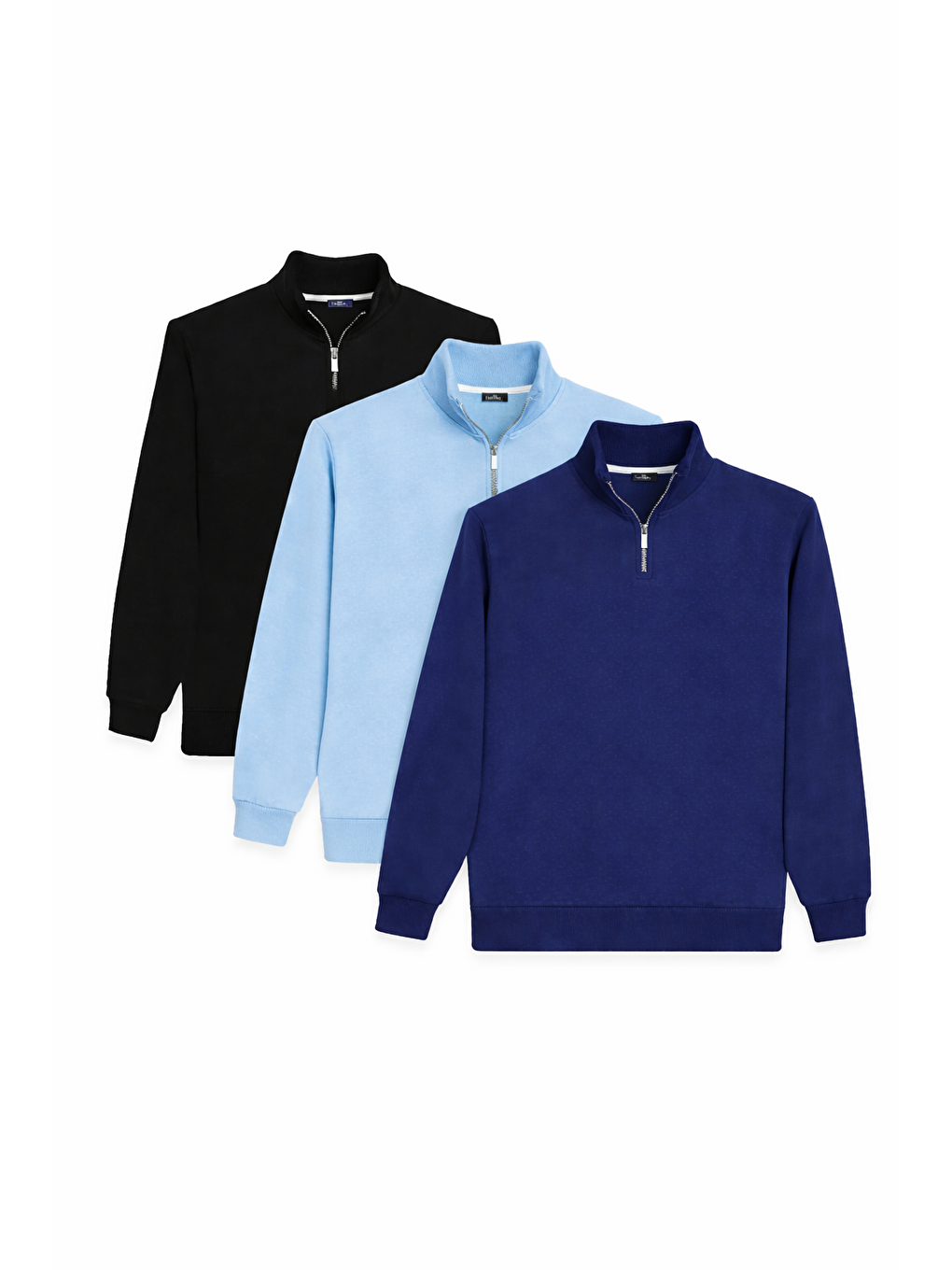 Karışık Unisex 3'Lü Paket Siyah-Mavi-Lacivert Relax Fit Pamuklu Yarım Fermuarlı Dik Yaka Sweatshirt
