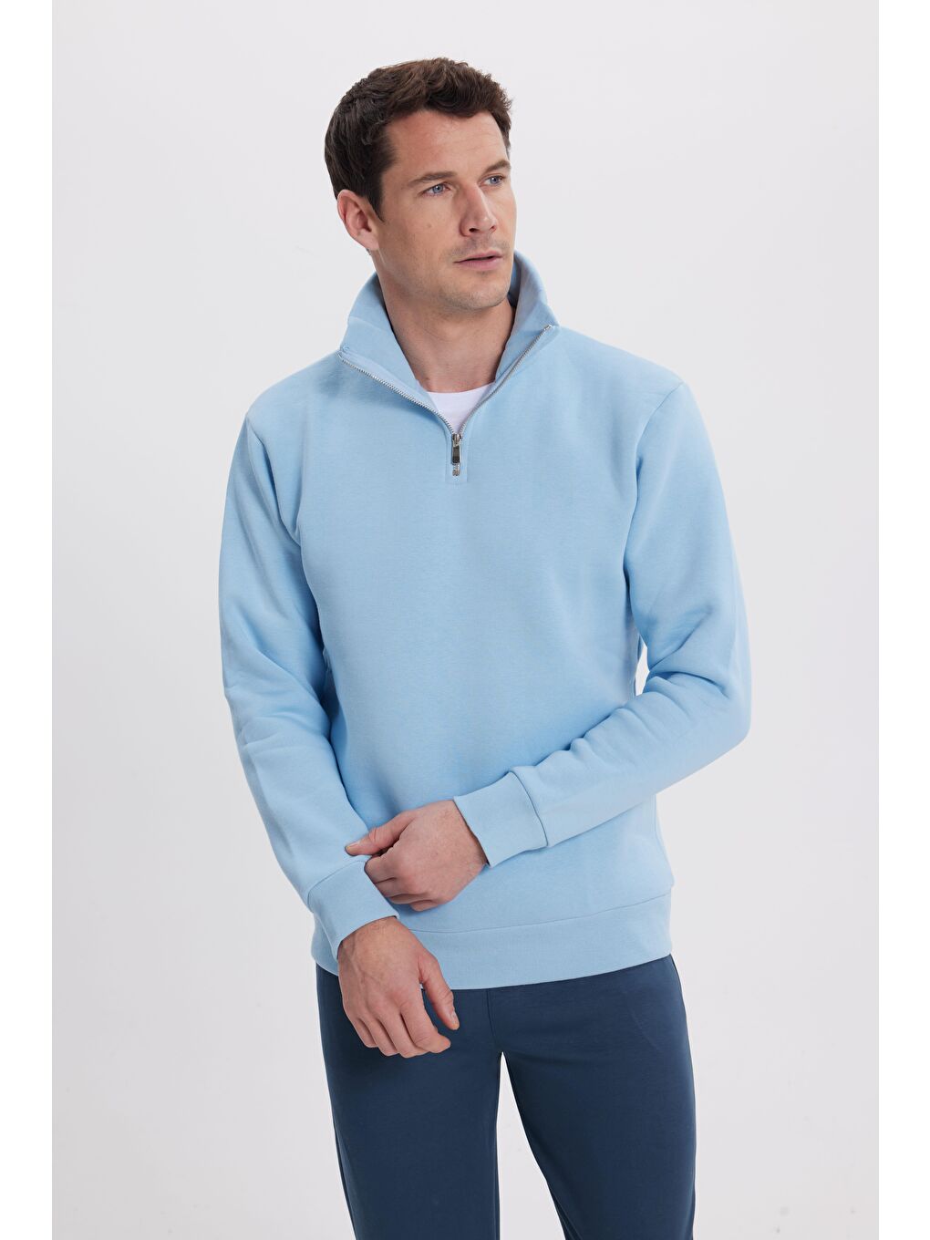 Karışık Unisex 3'Lü Paket Siyah-Mavi-Lacivert Relax Fit Pamuklu Yarım Fermuarlı Dik Yaka Sweatshirt-2