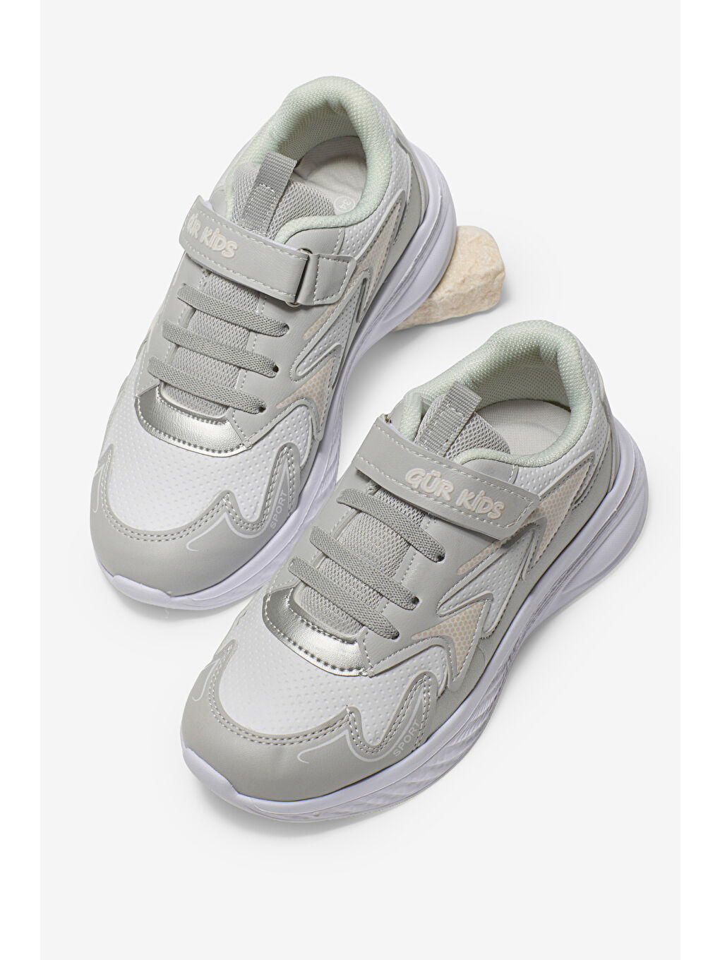 Çocuk Unisex Gri Pembe Eva Faylon Taban Çocuk Unısex Cırtlı Lastik Bağcıklı Spor Ayakkabı-1