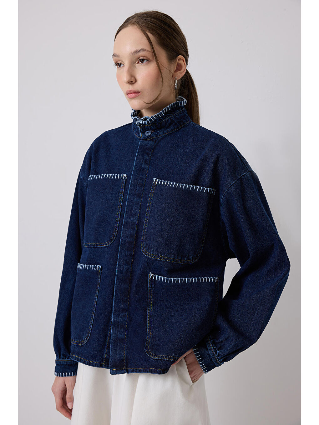 Touché Lacivert Yakası Nakışlı Denim Ceket - 1