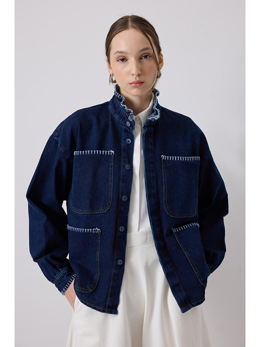 Touché Lacivert Yakası Nakışlı Denim Ceket - 2