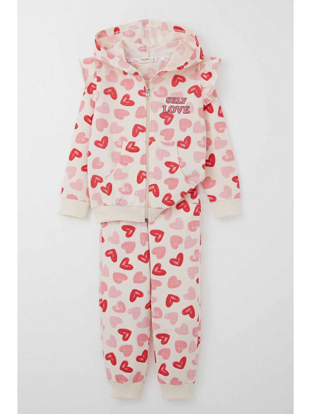 Ekru Kız Bebek Eşofman Takım Kalp Rüyası Omuzu Fırfırlı Krem (9 Ay-3 Yaş)