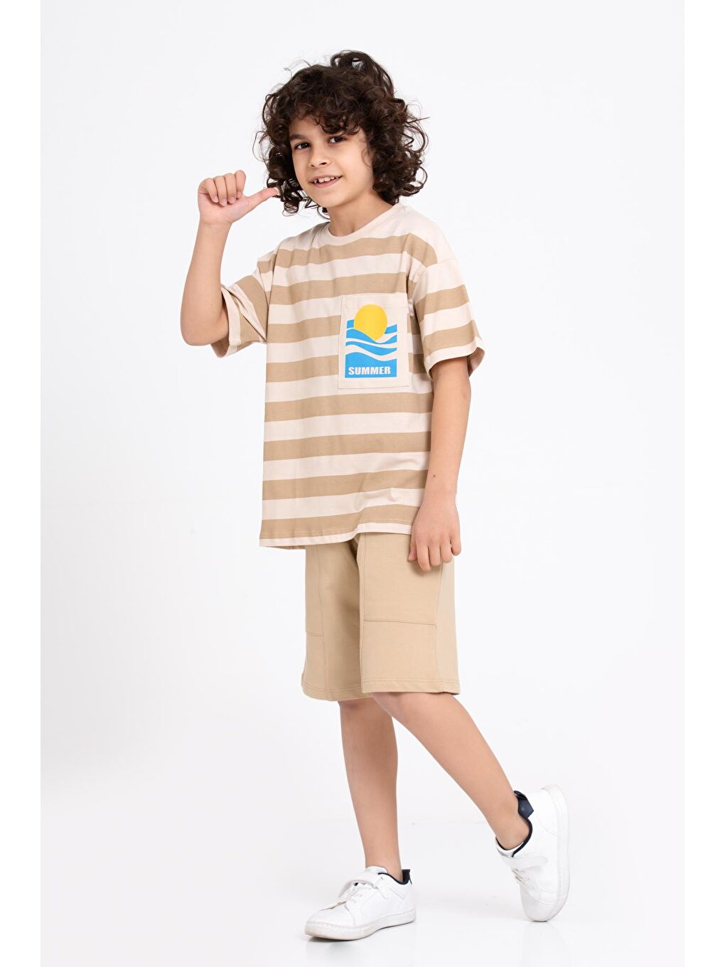 Bej Summer Baskı Şortlu 5-9 Yaş Takım - 2433-2