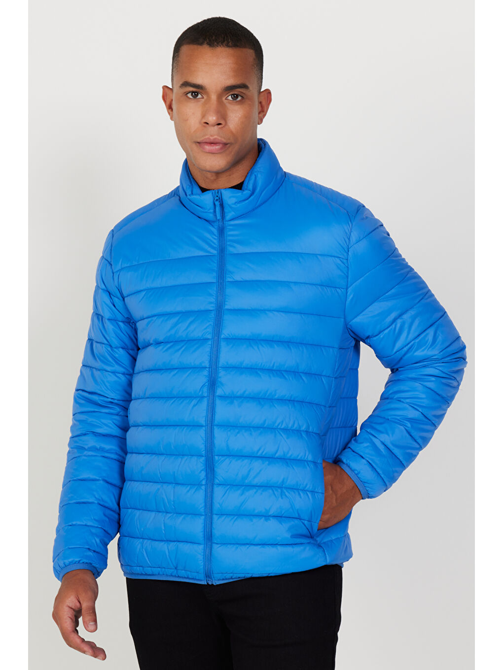 Erkek Mavi Standart Fit Normal Kesim Dik Yaka Ultra Hafif Elyaf Dolgulu Mont