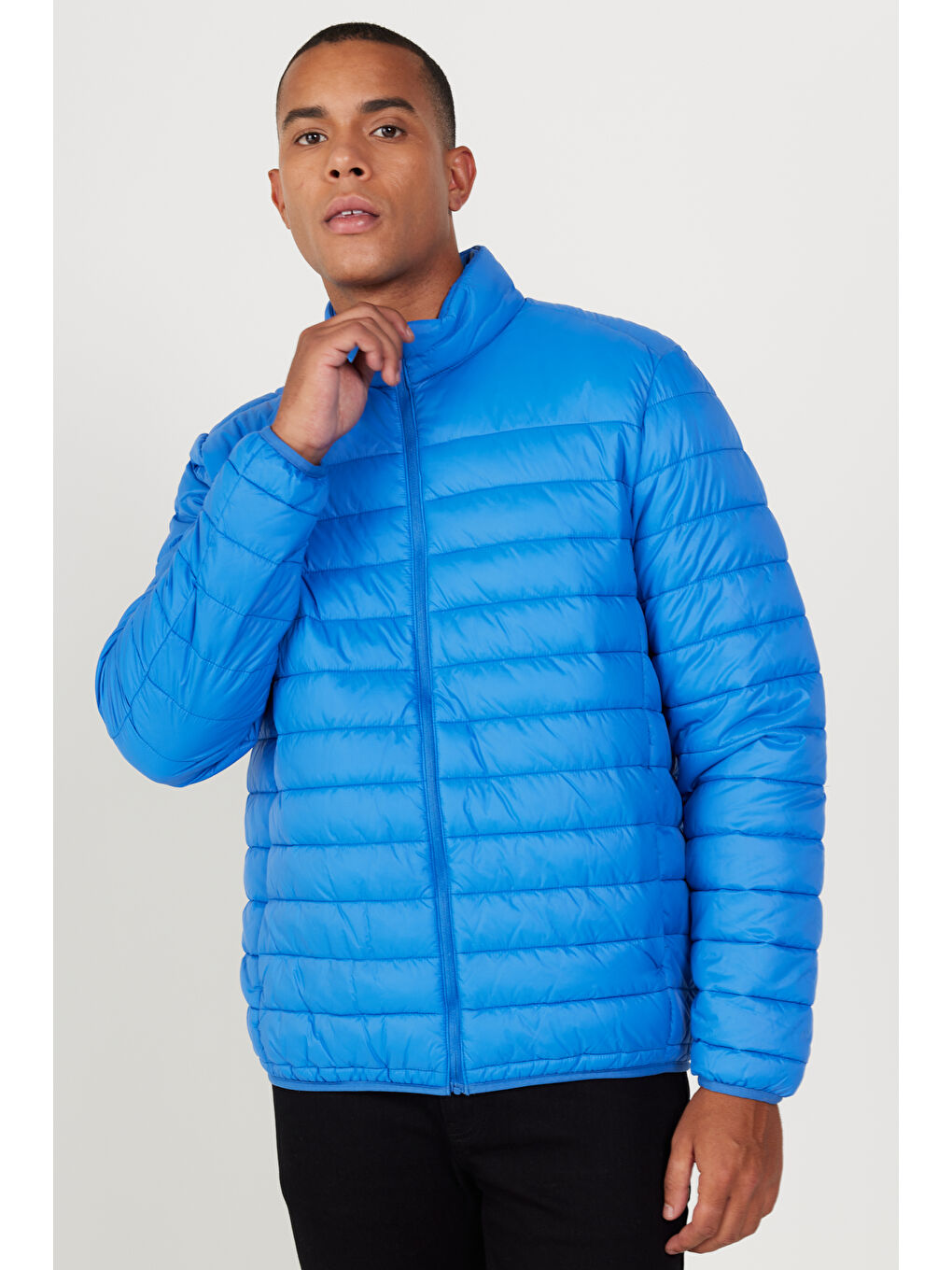 Erkek Mavi Standart Fit Normal Kesim Dik Yaka Ultra Hafif Elyaf Dolgulu Mont-2