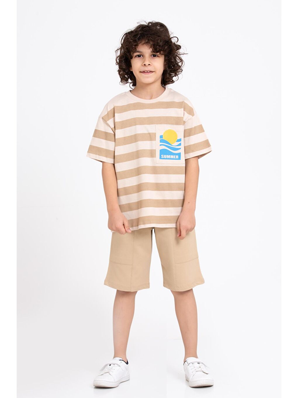 Bej Summer Baskı Şortlu 5-9 Yaş Takım - 2433-2-4