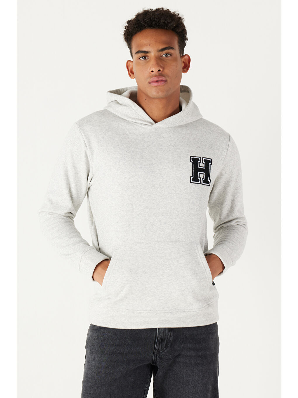 Erkek Gri Melanj Standart Fit Normal Kesim İçi Şardonlu Kapüşonlu Sweatshirt-1