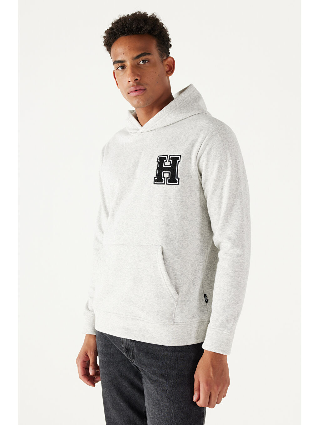 Erkek Gri Melanj Standart Fit Normal Kesim İçi Şardonlu Kapüşonlu Sweatshirt-2