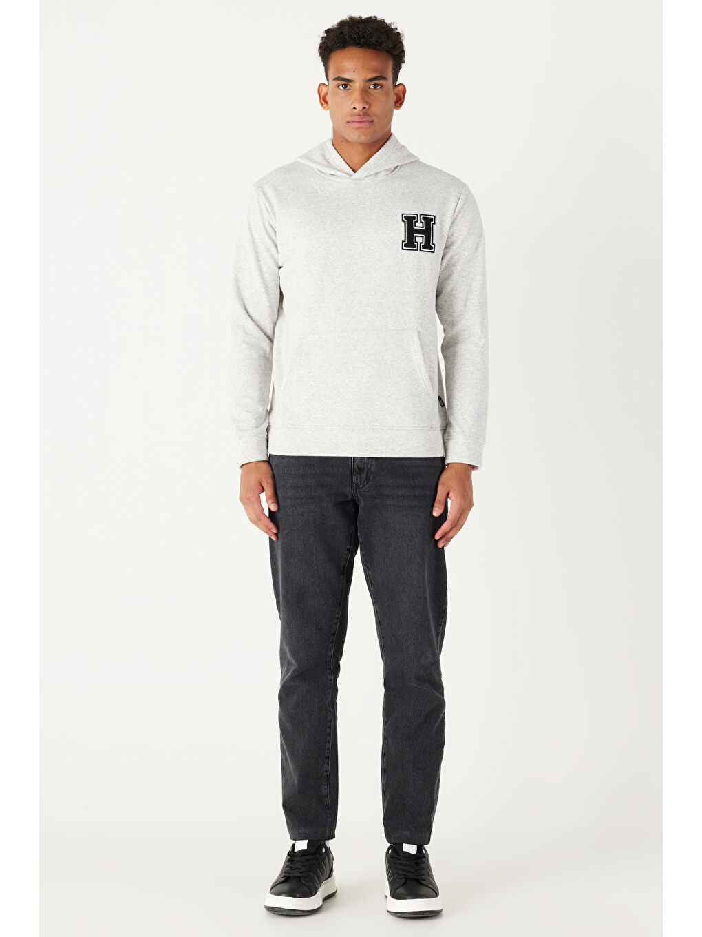 Erkek Gri Melanj Standart Fit Normal Kesim İçi Şardonlu Kapüşonlu Sweatshirt-3