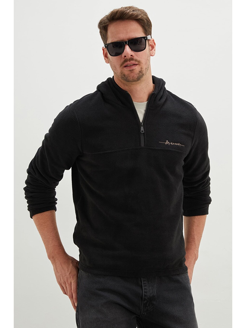 Siyah Yarım Fermuarlı Kapüşonlu Polar Sweatshirt-3