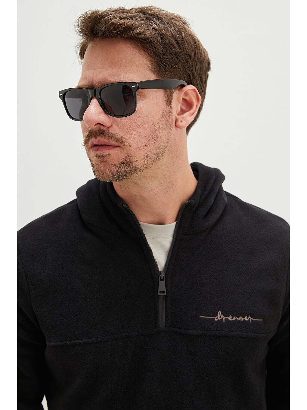 Siyah Yarım Fermuarlı Kapüşonlu Polar Sweatshirt-4