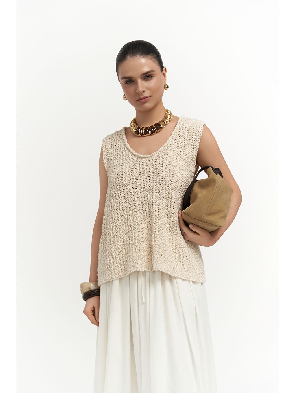 Knitle Rahat Kalıp Triko Bej Crop