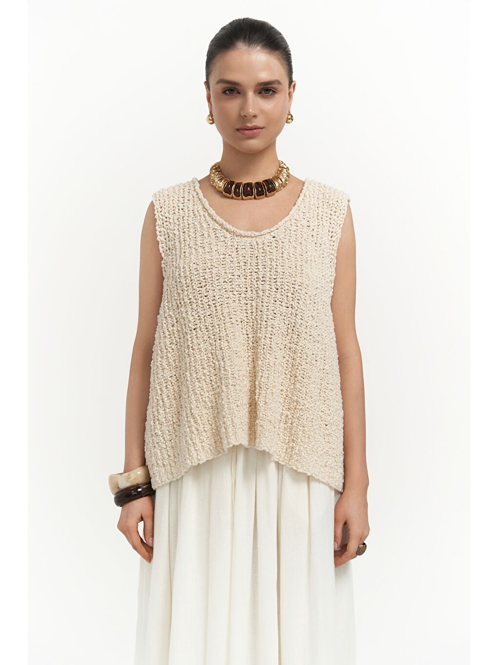 Knitle Rahat Kalıp Triko Bej Crop-1