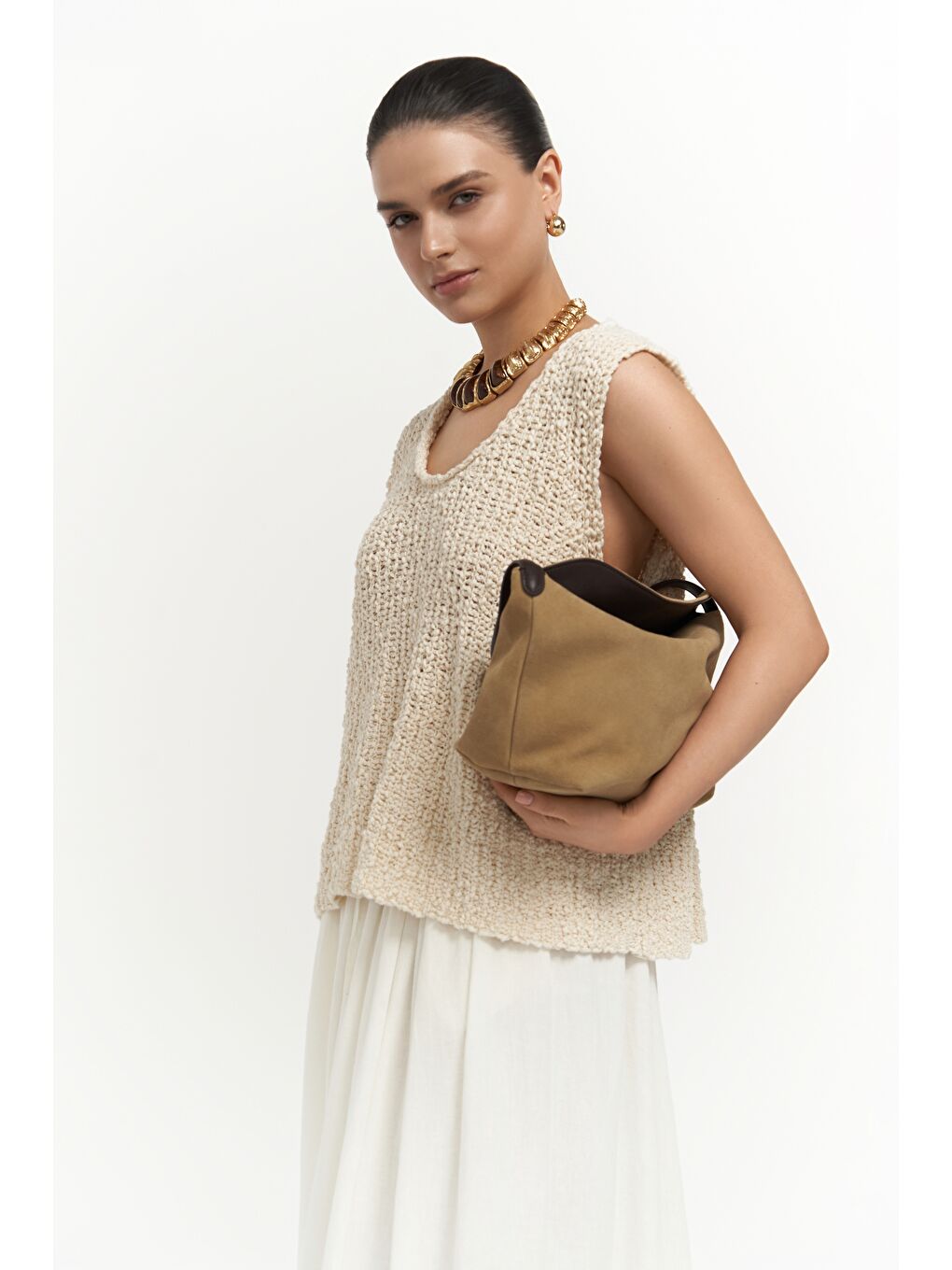 Knitle Rahat Kalıp Triko Bej Crop-2