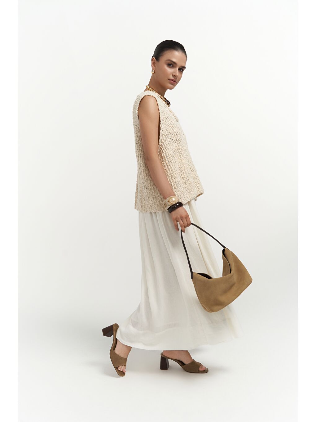 Knitle Rahat Kalıp Triko Bej Crop-5