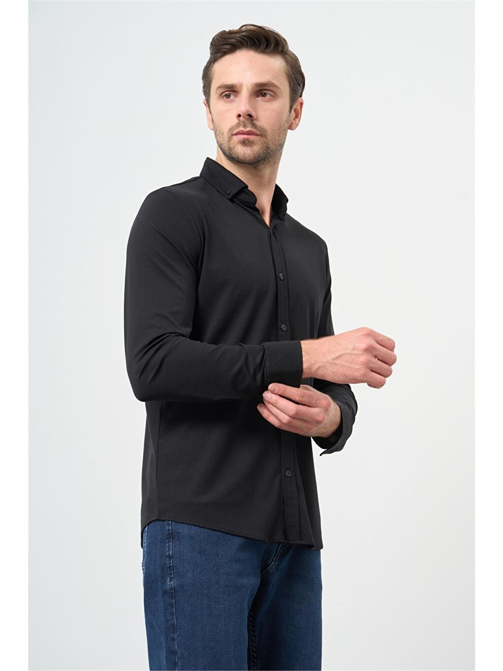 İMZA Siyah Uzun Kol Düz Örme Smart Düğmeli Yaka Classic Slim Fit Gömlek 1004245160 - 2