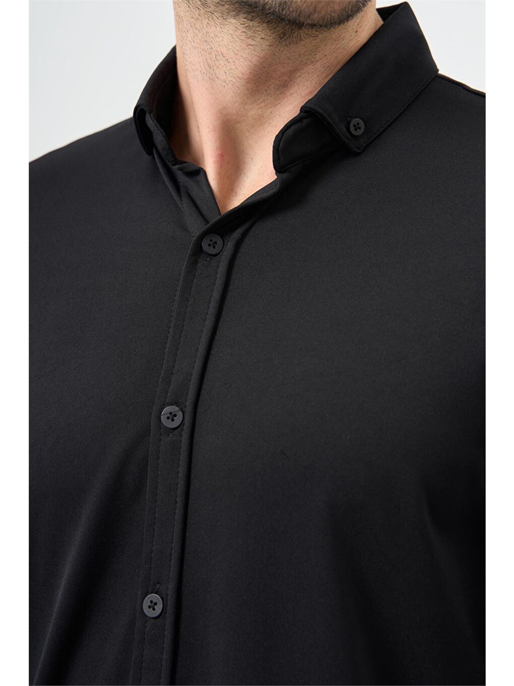 İMZA Siyah Uzun Kol Düz Örme Smart Düğmeli Yaka Classic Slim Fit Gömlek 1004245160 - 3