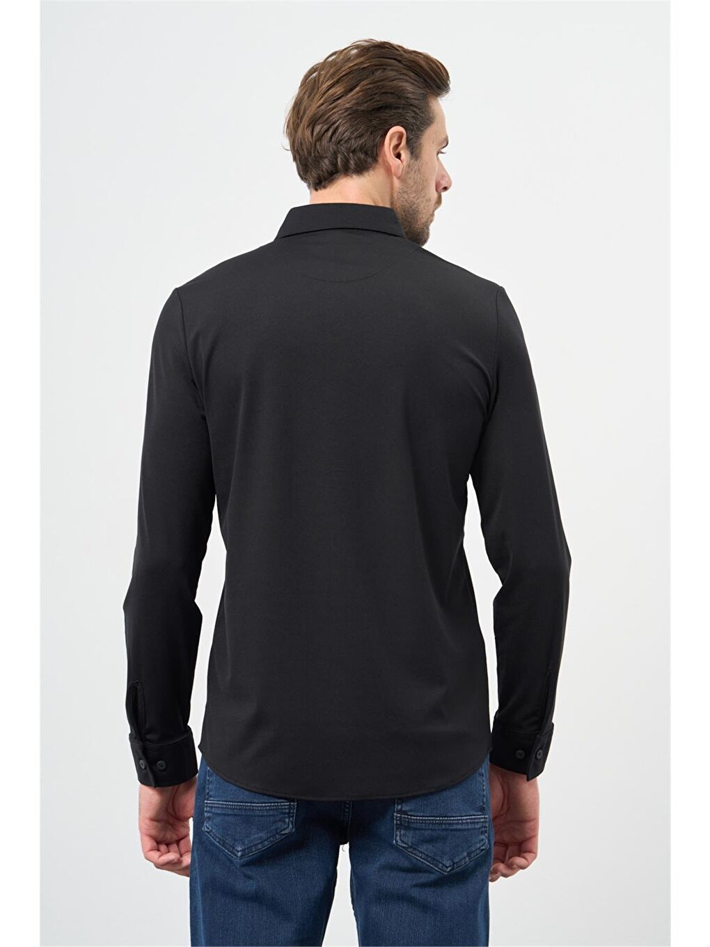 İMZA Siyah Uzun Kol Düz Örme Smart Düğmeli Yaka Classic Slim Fit Gömlek 1004245160 - 4