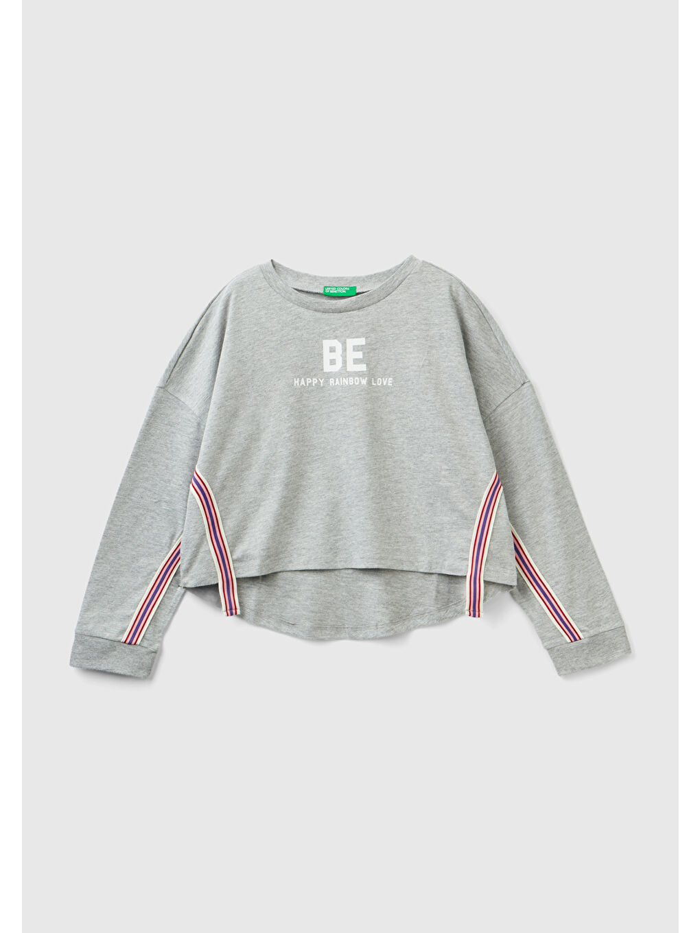 Kız Çocuk Gri Melanj Kolları Şerit Detaylı Crop Tişört