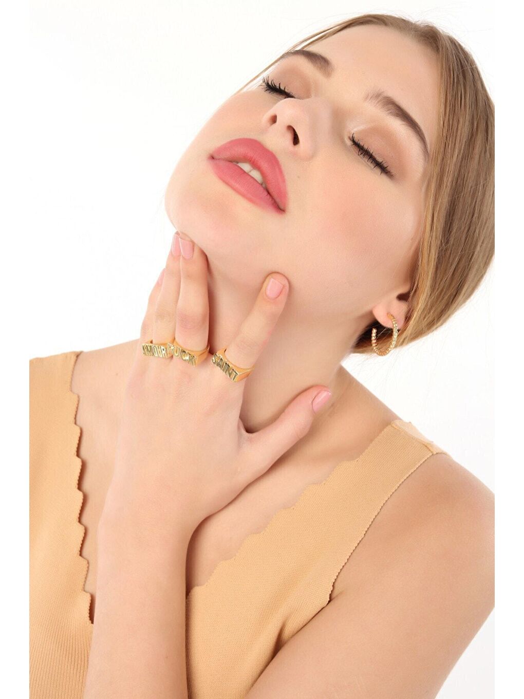 Sarı Altın Kaplama Yazılı Yüzük Seti Ayarlanabilir Ölçülü 3 Lü-2