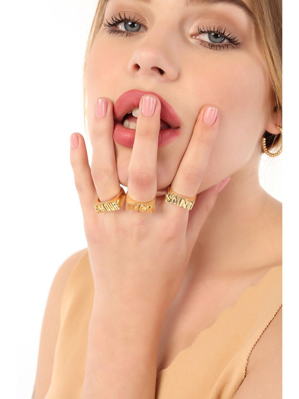 Sarı Altın Kaplama Yazılı Yüzük Seti Ayarlanabilir Ölçülü 3 Lü-3