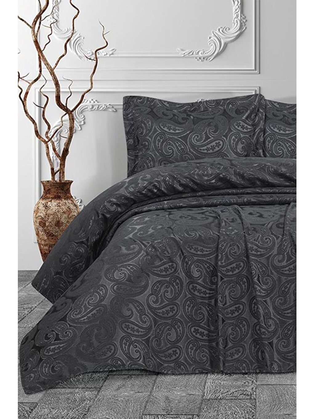 Şal 3 Parça Çift Kişilik Yatak Örtüsü Antrasit