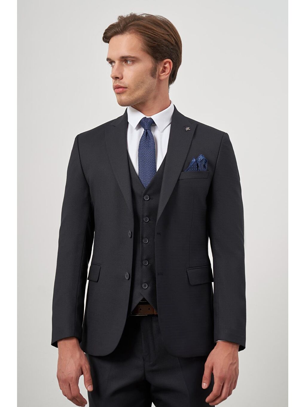 Koyu Lacivert Kılıç Yaka Yelekli 6 Drop Slim Fit Classic Takım Elbise 1001245156-2