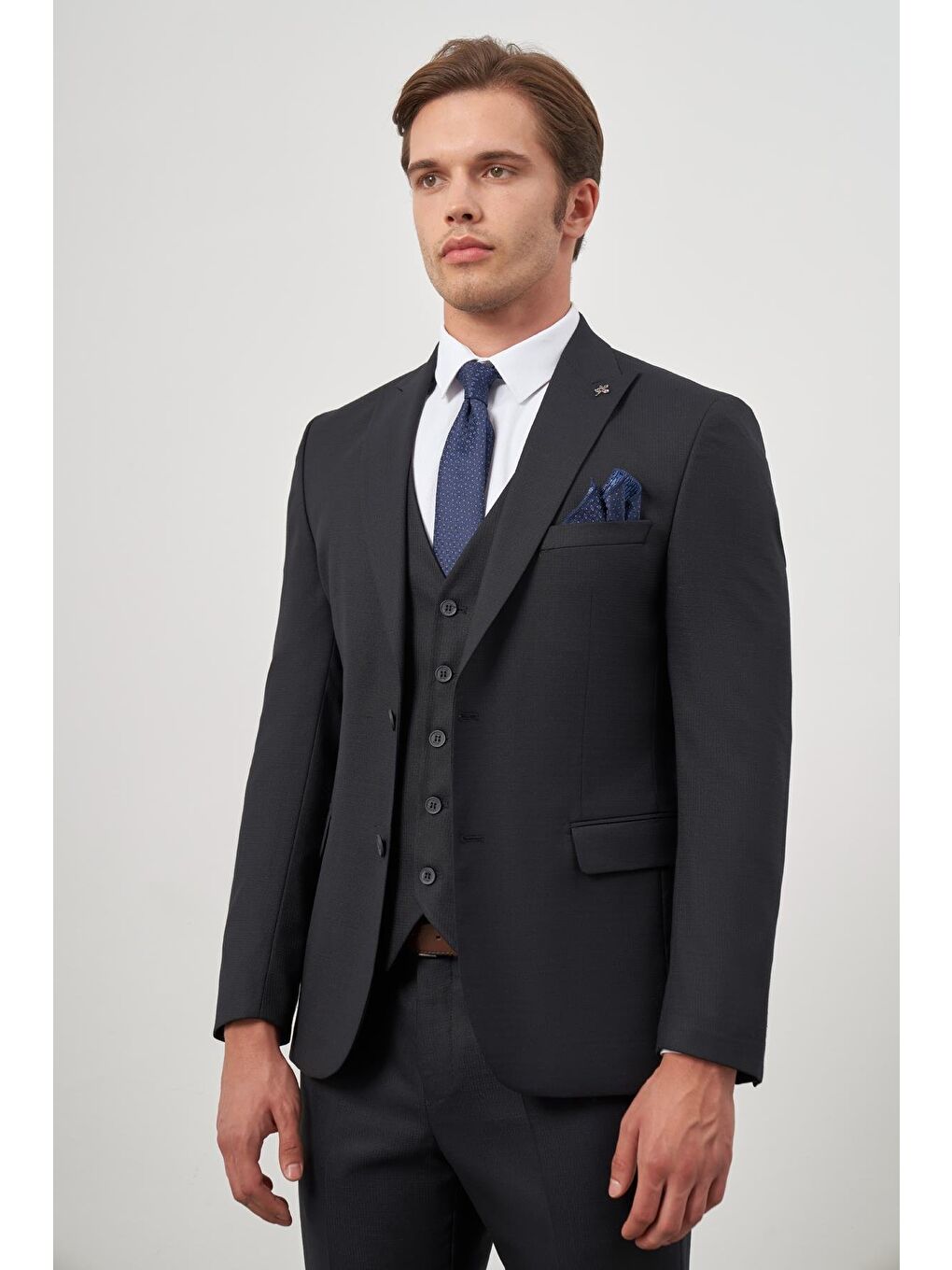 Koyu Lacivert Kılıç Yaka Yelekli 6 Drop Slim Fit Classic Takım Elbise 1001245156-4