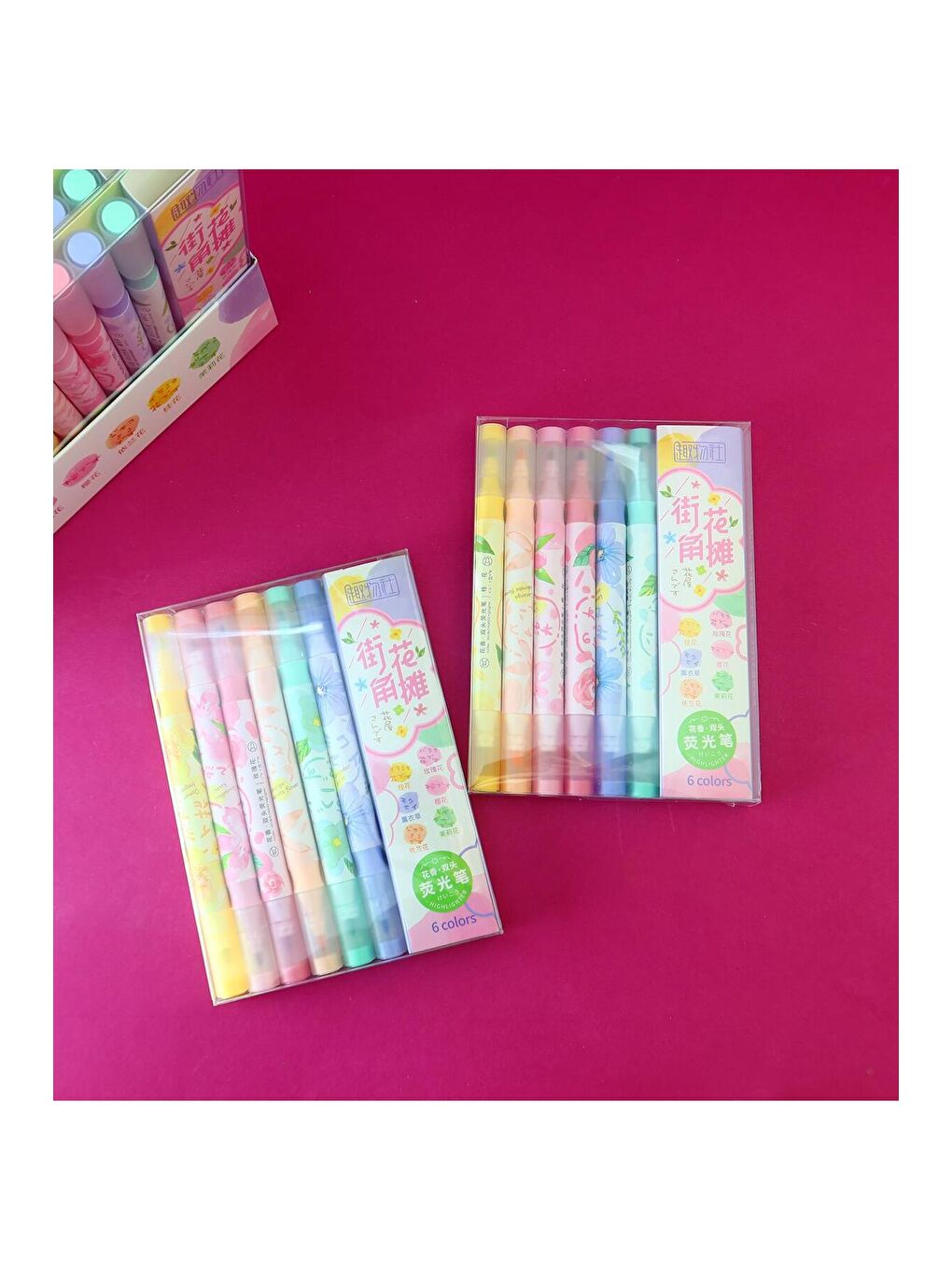 Kokulu Çiçek Temalı Çift Taraflı Fosforlu Kalem Seti – 6 Renk