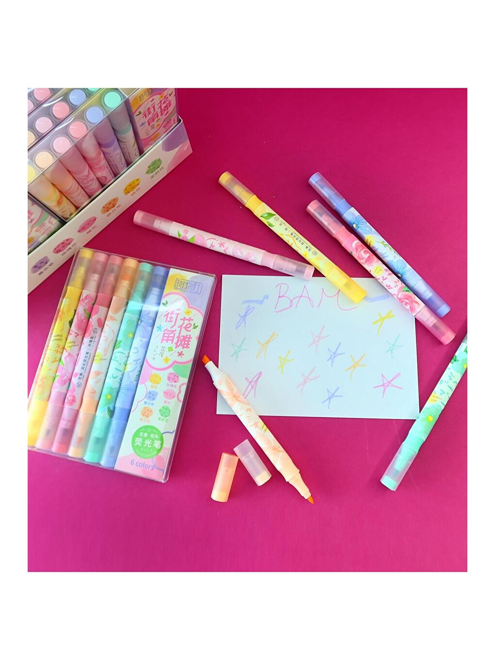 Kokulu Çiçek Temalı Çift Taraflı Fosforlu Kalem Seti – 6 Renk-1