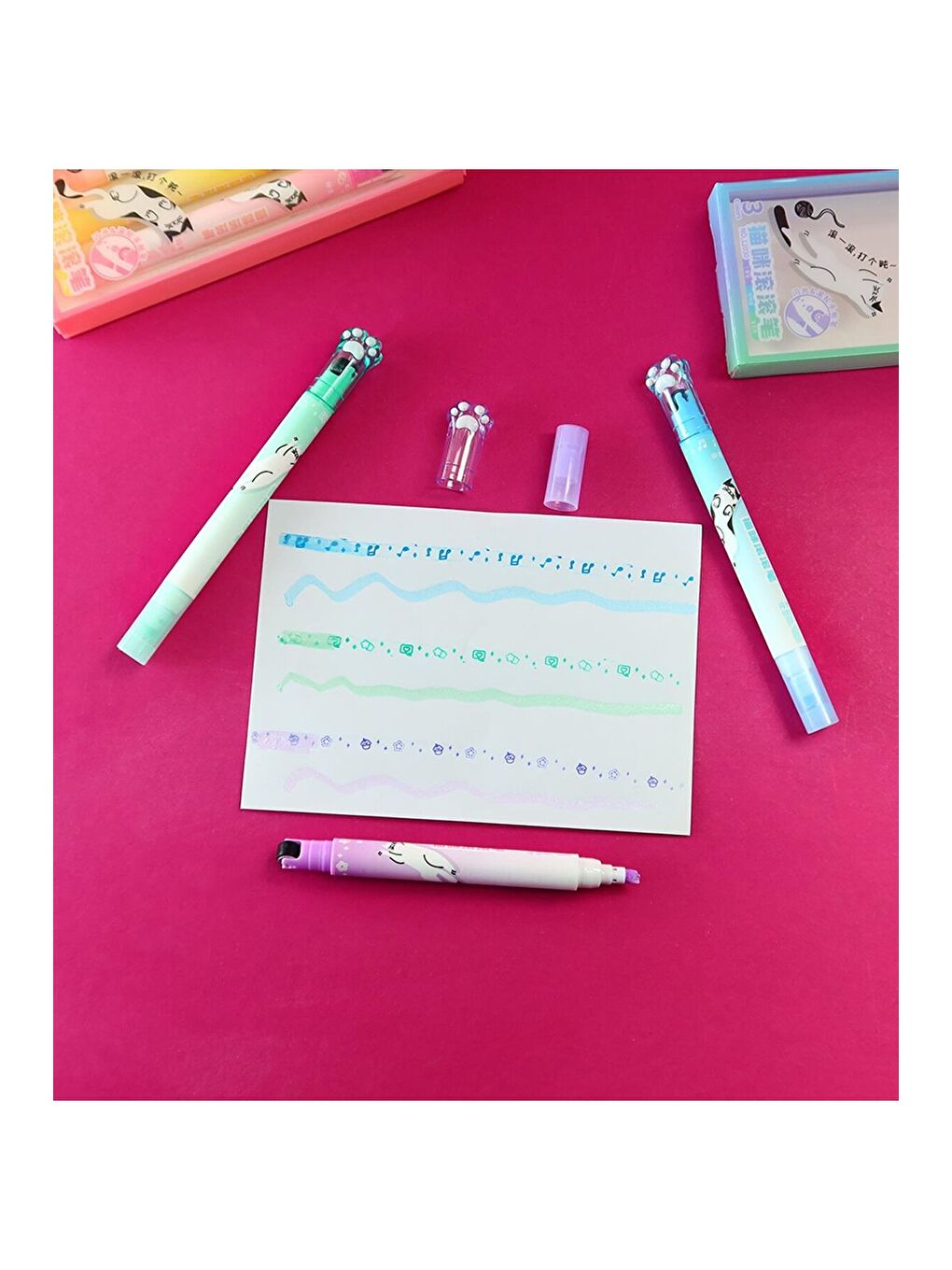 Çift Taraflı Kedi Pati Desenli Roller Kalem Seti-1