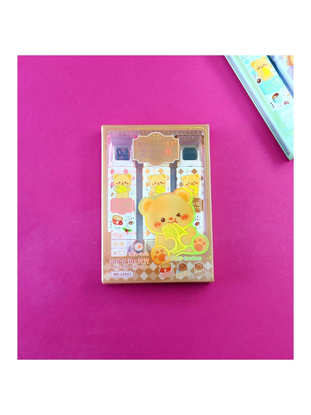 Ayıcık Temalı Desenli Roller Kalem & Fosforlu Kalem Seti