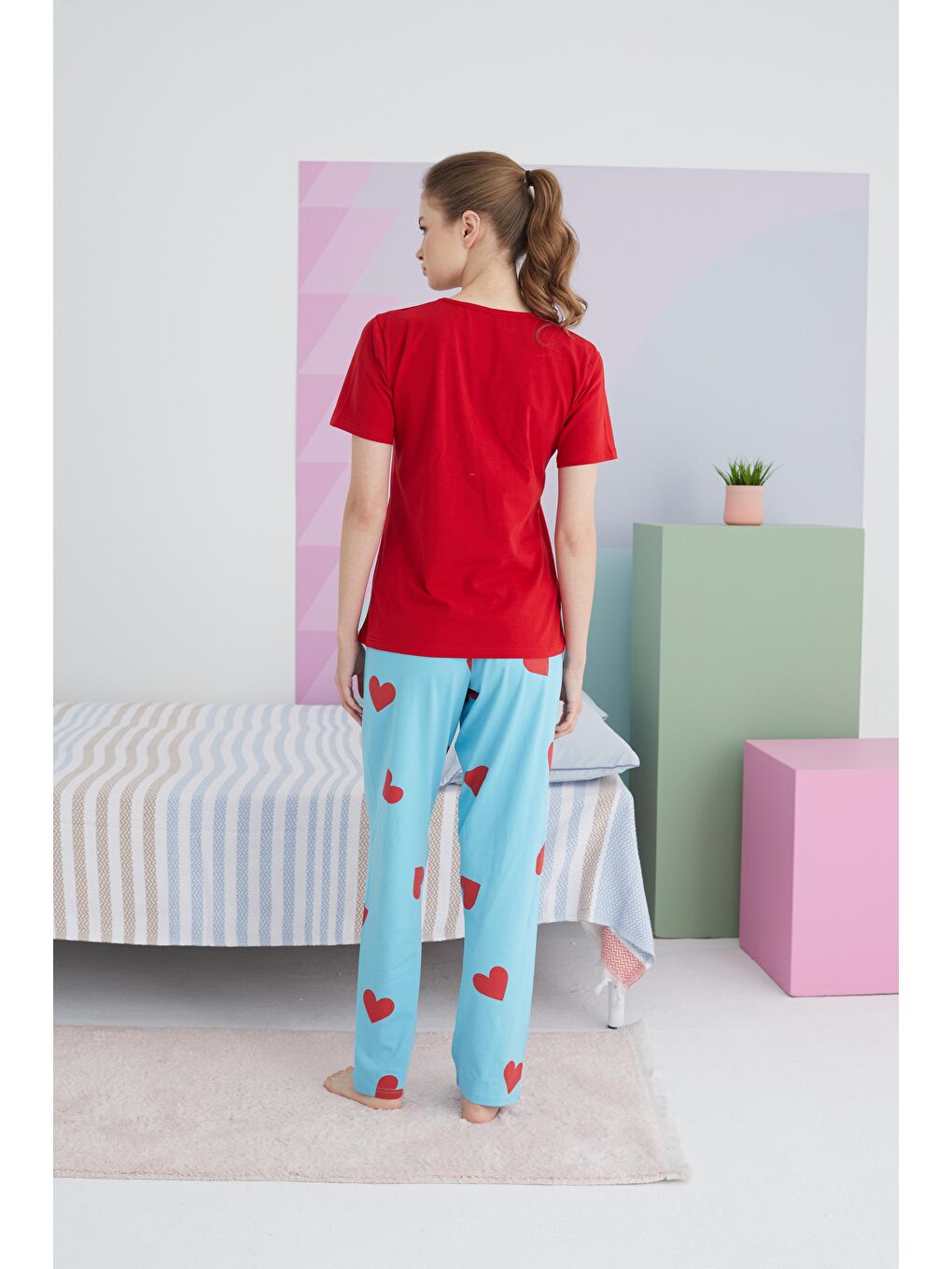 SİYAH İNCİ Kırmızı Pamuklu Örme Pijama Takım - 2