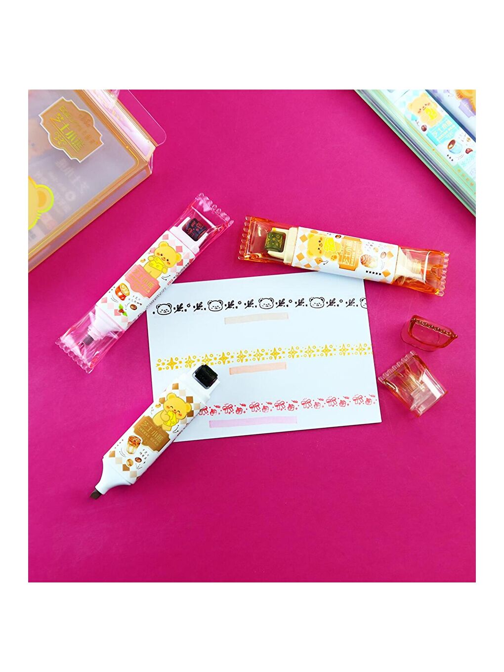 Ayıcık Temalı Desenli Roller Kalem & Fosforlu Kalem Seti-1