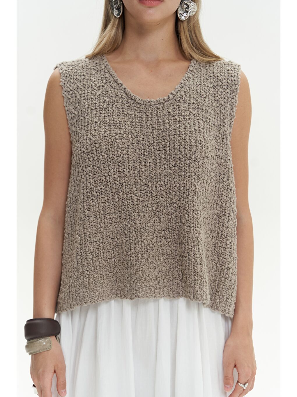 Bej Knitle Rahat Kalıp Triko Vizon Crop-5