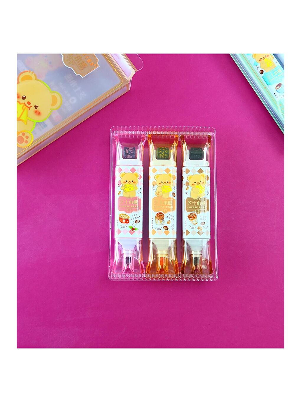 Ayıcık Temalı Desenli Roller Kalem & Fosforlu Kalem Seti-2