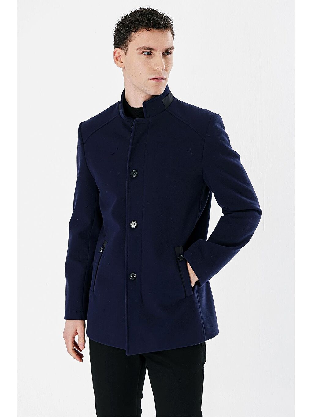 Koyu Lacivert Kaşe Hakim Yaka Astarlı Slim Fit Dar Kesim Casual Mont 1007235171