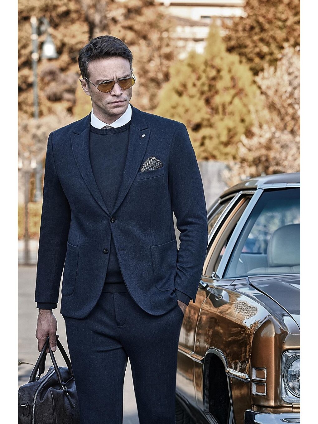 Koyu Lacivert Desen Örme Kılıç Yaka Beli Lastikli 6 Drop Slim Fit Classic Takım Elbise 1001245170