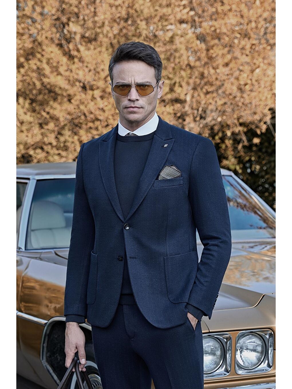 Koyu Lacivert Desen Örme Kılıç Yaka Beli Lastikli 6 Drop Slim Fit Classic Takım Elbise 1001245170-1