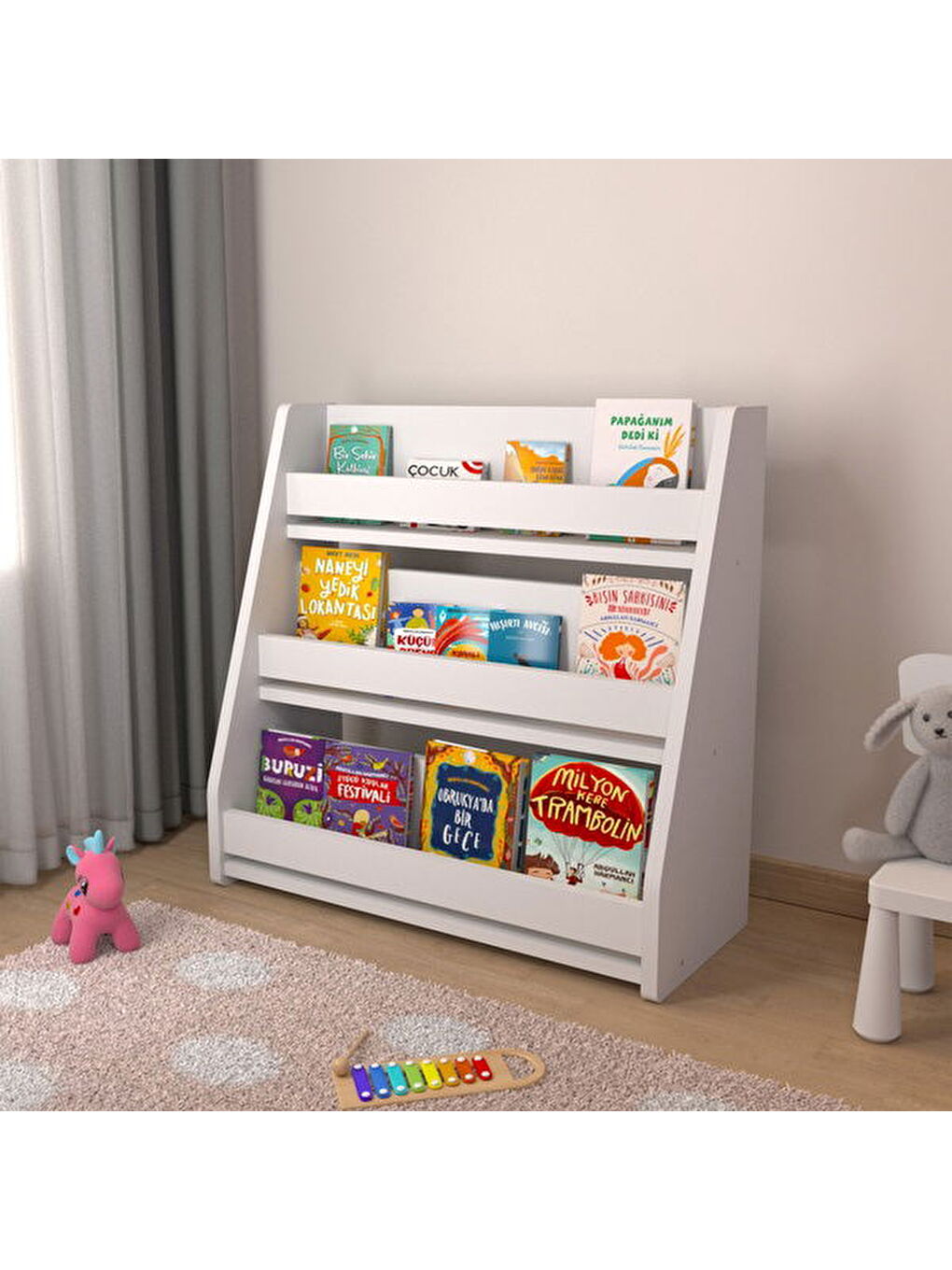 Montessori 3 Raflı Kitaplık - Beyaz - 60x25x60 cm-1