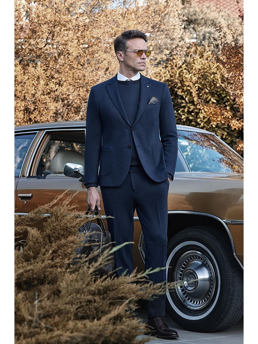 Koyu Lacivert Desen Örme Kılıç Yaka Beli Lastikli 6 Drop Slim Fit Classic Takım Elbise 1001245170-2