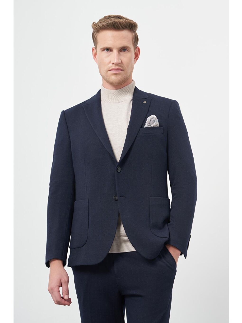 Koyu Lacivert Desen Örme Kılıç Yaka Beli Lastikli 6 Drop Slim Fit Classic Takım Elbise 1001245170-3