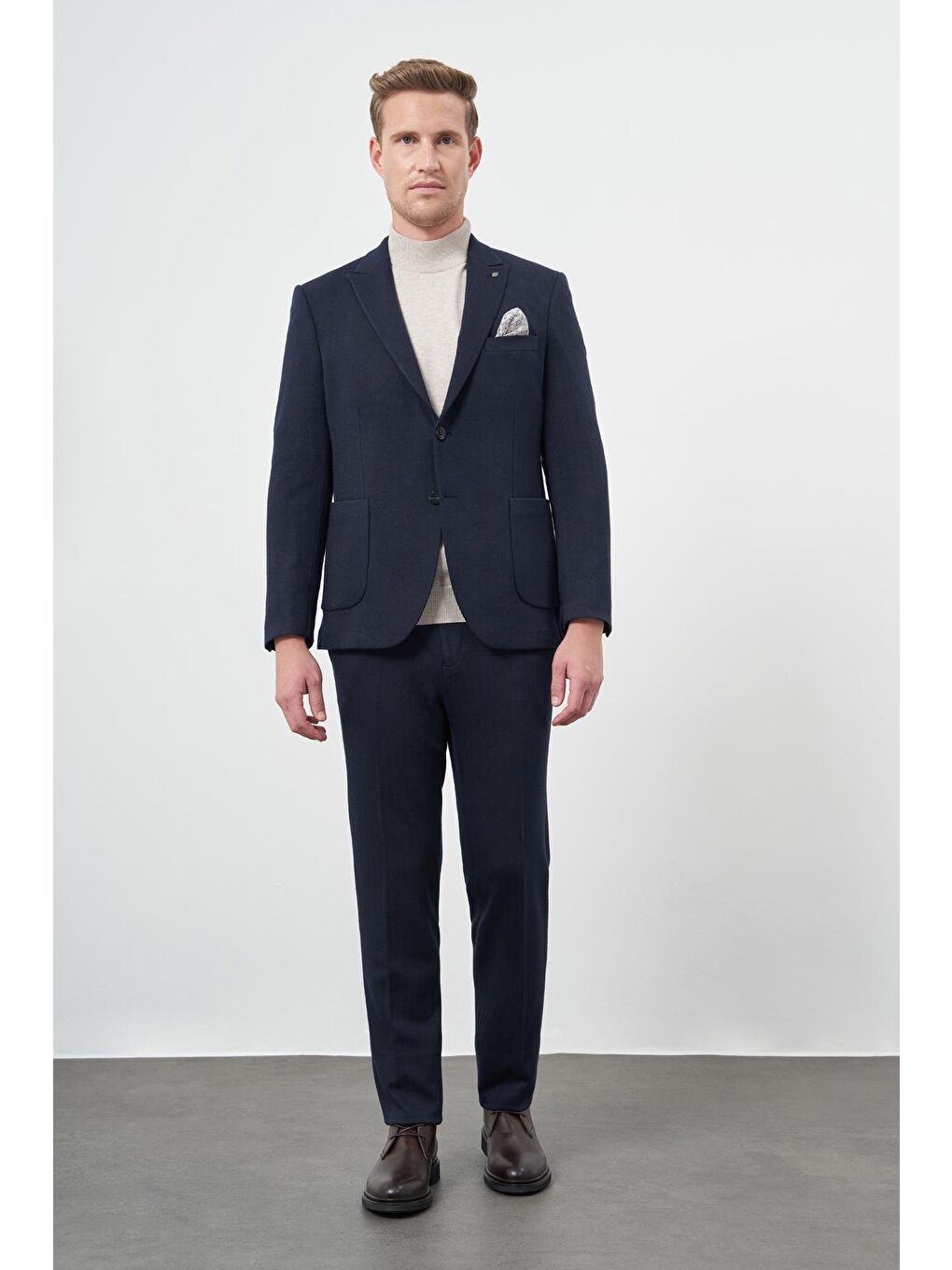 Koyu Lacivert Desen Örme Kılıç Yaka Beli Lastikli 6 Drop Slim Fit Classic Takım Elbise 1001245170-4