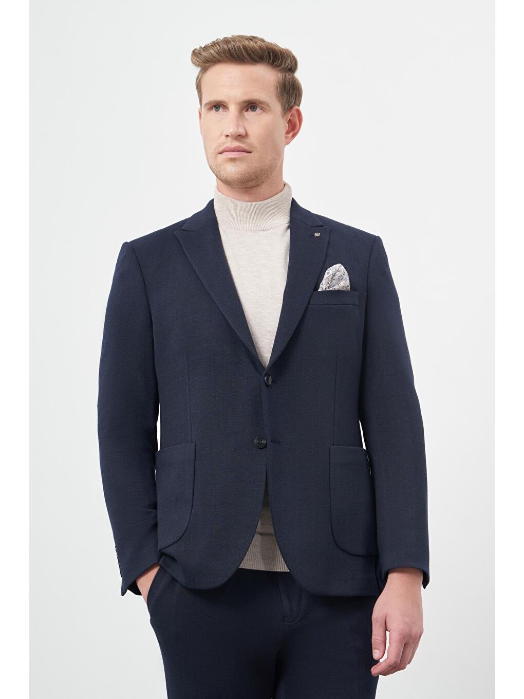 Koyu Lacivert Desen Örme Kılıç Yaka Beli Lastikli 6 Drop Slim Fit Classic Takım Elbise 1001245170-5