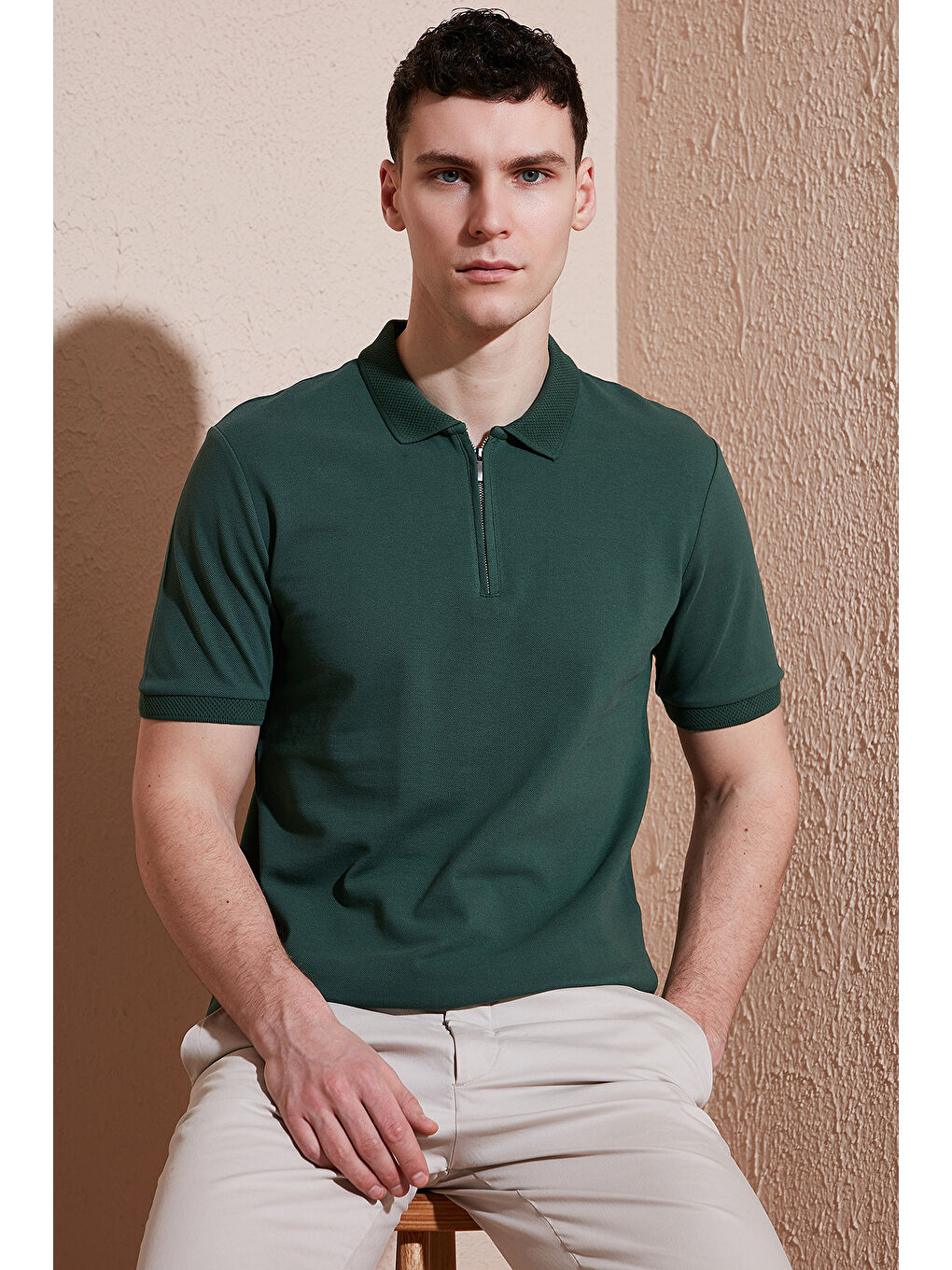 Petrol Pamuklu Regular Fit Yarım Fermuarlı Polo Yaka %100 Pamuk Tişört 5903008-5