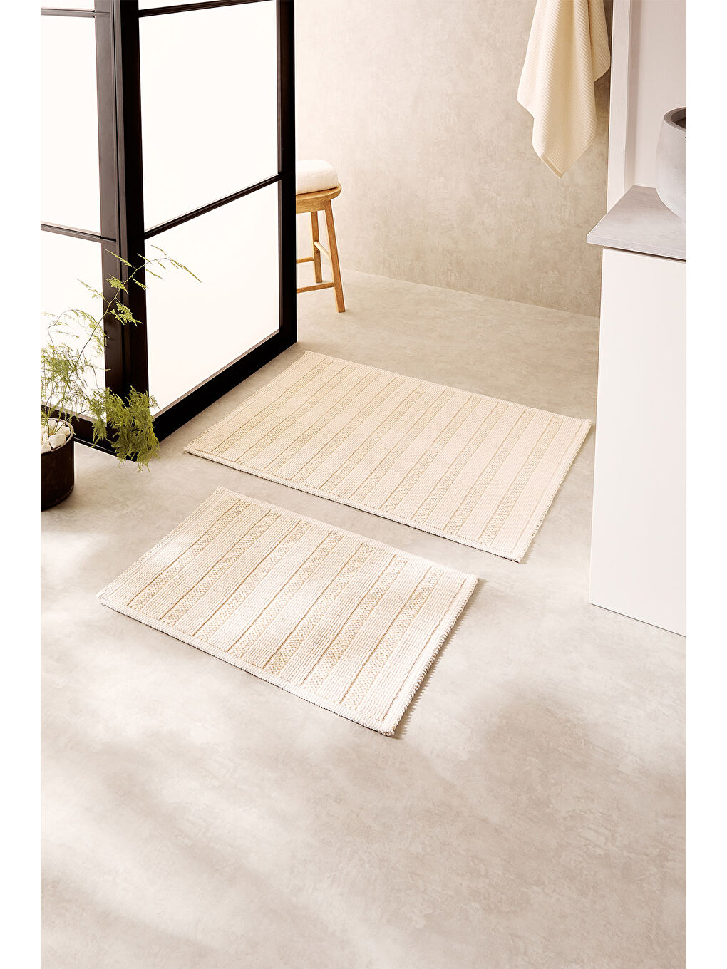 2'li Yıkanabilir Pamuklu Ekru Renk Çizgi Desen Banyo Paspası 40 x 60 / 60 x 90 cm