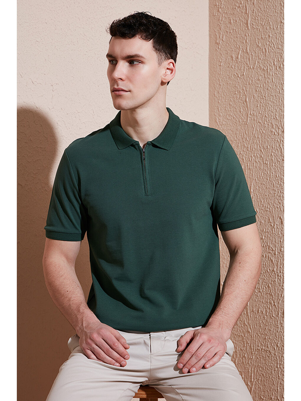 Petrol Pamuklu Regular Fit Yarım Fermuarlı Polo Yaka %100 Pamuk Tişört 5903008-6