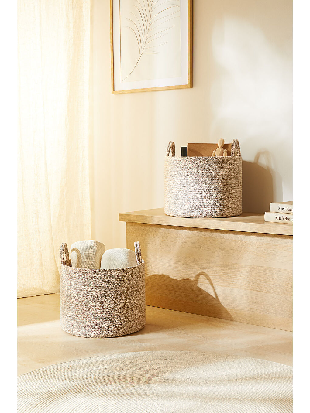 2'li Bej Kırçıllı Pamuklu Halat Sepet Set 35 x 27 cm